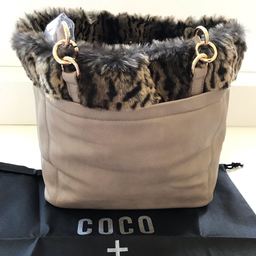 NWT Beige Shoulder Bag Purse w/ Faux Fur Trim Tote